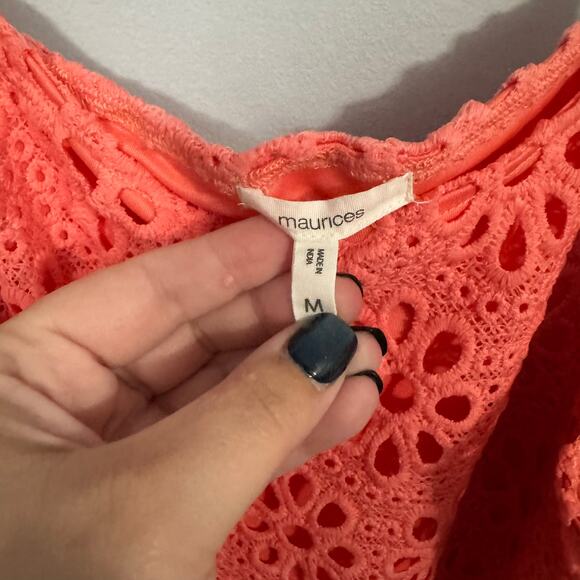 Maurices Coral Orange Cold Shoulder Top Eyelet Floral Design Women's Size Medium - Picture 5 of 8